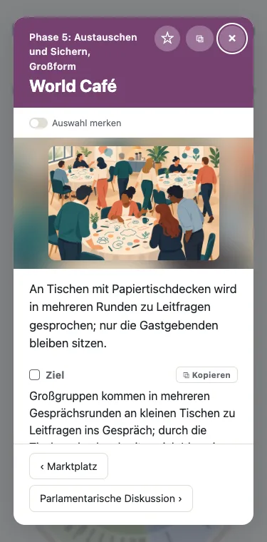 Ein Methodenfenster auf dem Smartphone